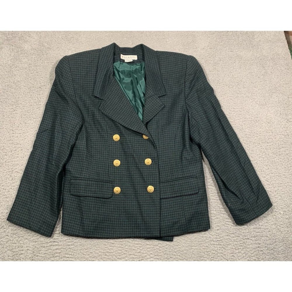 Chaus Women's Blazer Blue Green Houndstooth Wool Blend Gold Buttons‎ Size 14